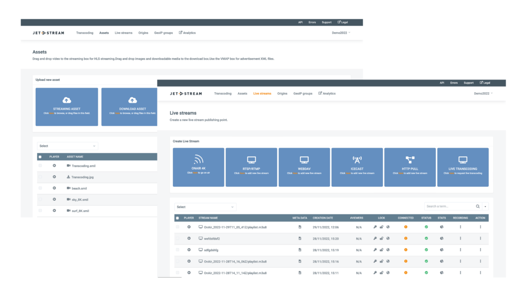 Screenshots of the Jet-Stream Cloud dashboard showing live stream management