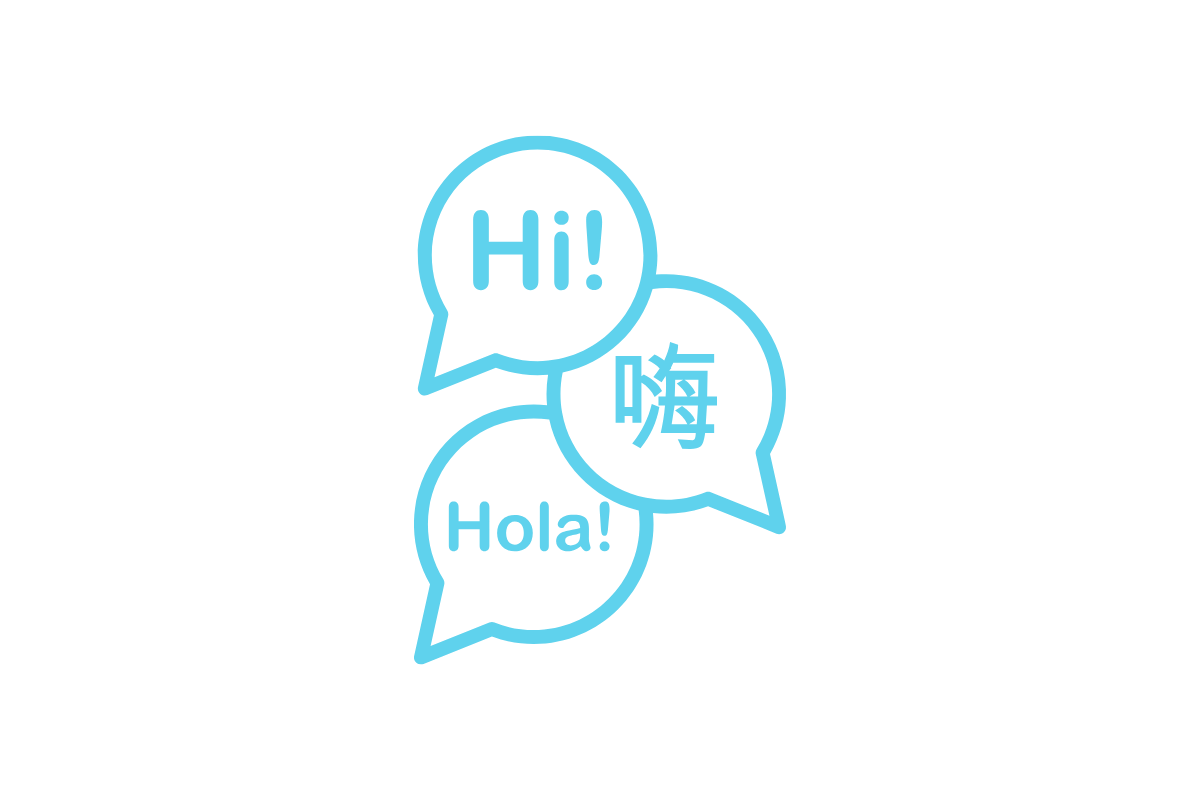 Speech bubbles saying Hi, Hola and 嗨, illustrating multi-language support