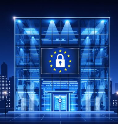 Serverpand met EU-vlag en hangslot, ter illustratie van digitale soevereiniteit volgens SEAL-4 in mediahosting