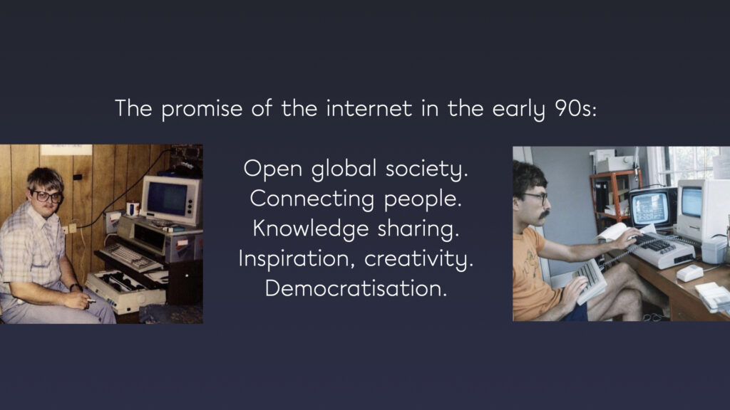 Presentatieslide: de belofte van het internet in de vroege jaren 90, een open en verbonden samenleving