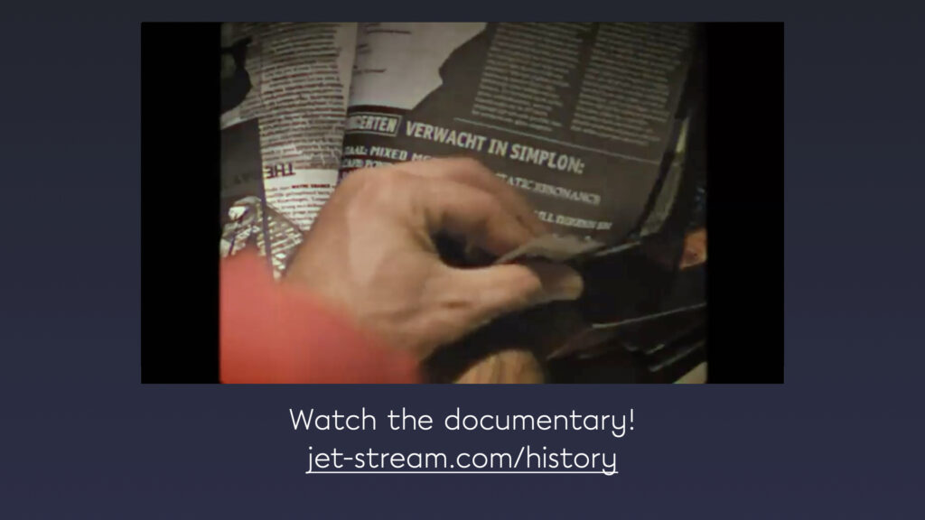 Presentatieslide met still uit de documentaire over de Jet-Stream-geschiedenis, verwijzing naar jet-stream.com/history
