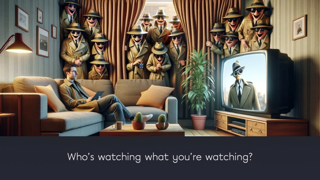 Illustratie van spionnen achter een kijker op de bank: wie kijkt mee met wat jij kijkt?