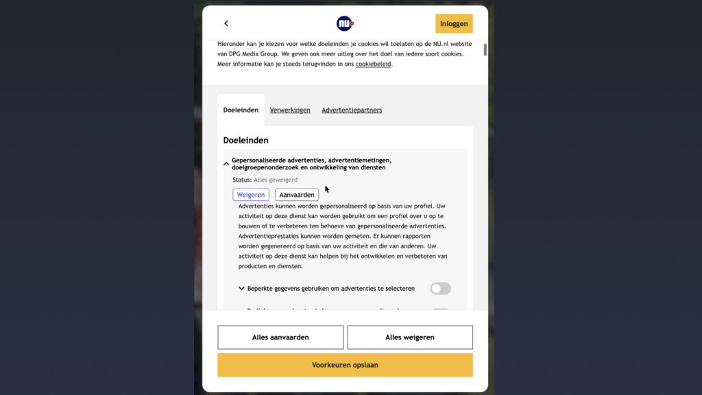Screenshot van een cookiemelding met toestemming voor advertentiepartners en tracking