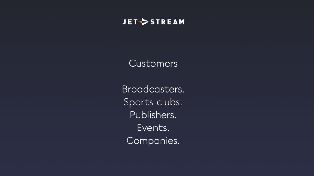 Presentatieslide over Jet-Stream-klanten: omroepen, sportclubs, uitgevers, evenementen en bedrijven