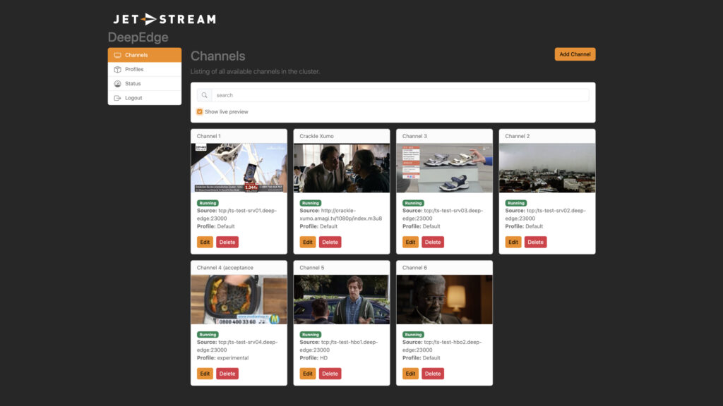 Screenshot van het Jet-Stream DeepEdge-kanalenoverzicht met livestreamkanalen