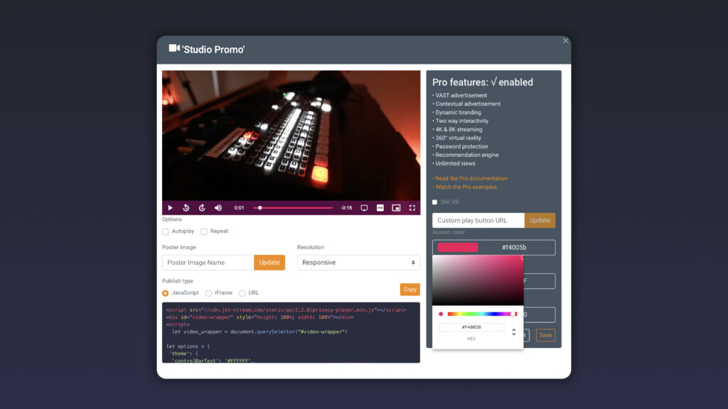 Screenshot van de instellingen van de Jet-Stream videoplayer met preview en embedcode