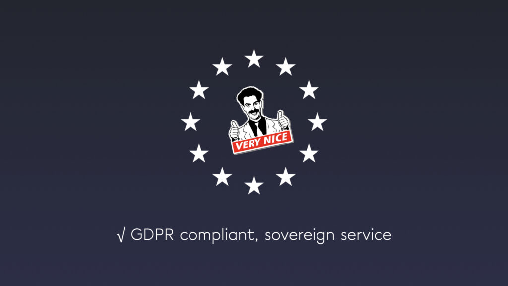 Presentatieslide met EU-sterrenkrans en 'Very Nice'-figuur: AVG-compliant, soevereine dienst