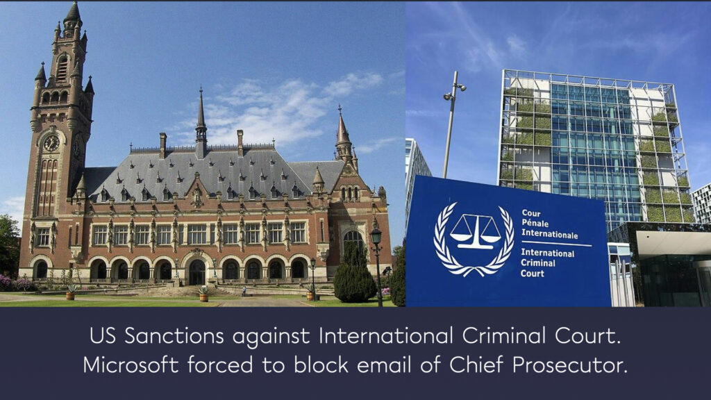 Presentatieslide: Amerikaanse sancties tegen het Internationaal Strafhof, Microsoft blokkeerde e-mail van de hoofdaanklager