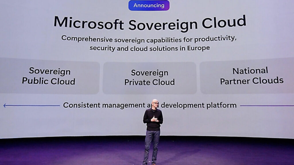 Presentatieslide met de aankondiging van Microsoft Sovereign Cloud op een podium